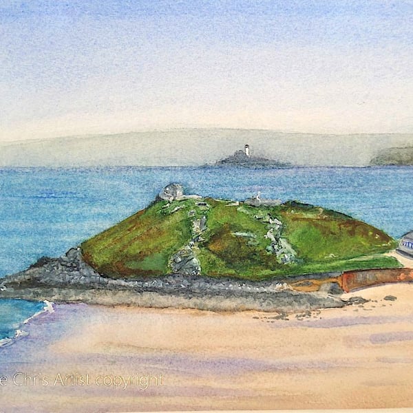 Original watercolour painting Porthmeor Beach and The Island St. Ives Cornwall