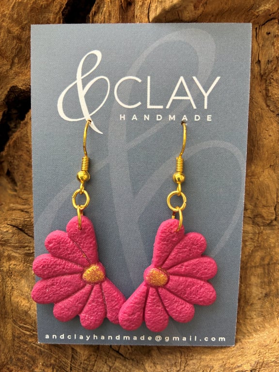 Dark Pink Daisy Floral Drop Earrings