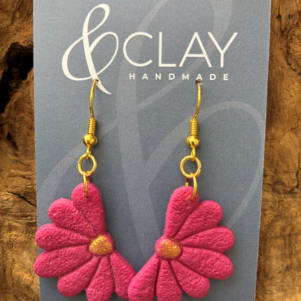 Dark Pink Daisy Floral Drop Earrings