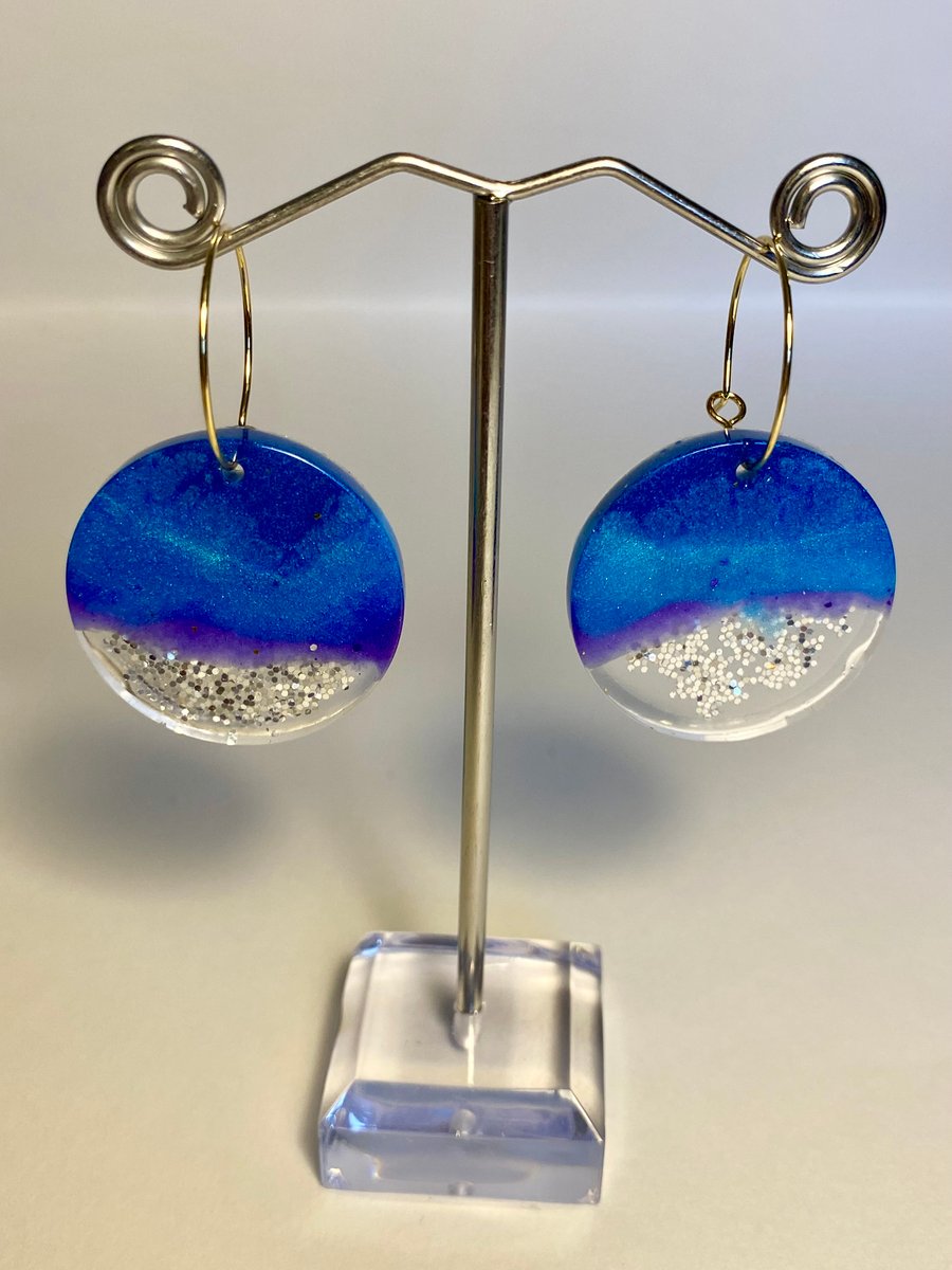 Handmade blue resin and biodegradable silver glitter disc hoop earrings