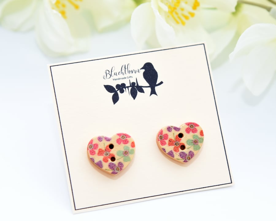 Heart Shaped Wooden Button Earrings
