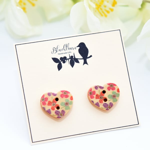 Heart Shaped Wooden Button Earrings