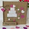 Handmade Wedding Card. Wedding cake and hearts. Keepsake card.