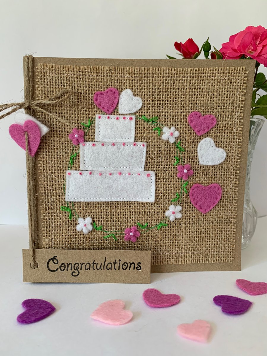 Handmade Wedding Card. Wedding cake and hearts. Keepsake card.