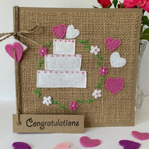 Handmade Wedding Card. Wedding cake and hearts. Keepsake card.