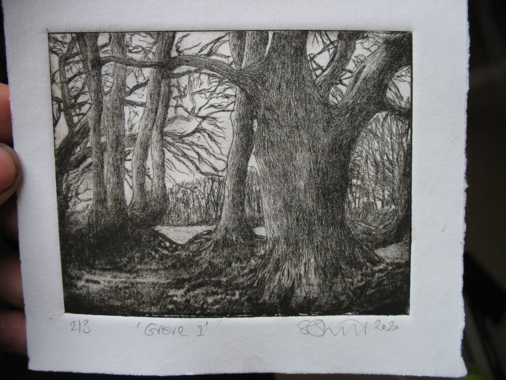 Moody drypoint etching of Exmoor birch grove