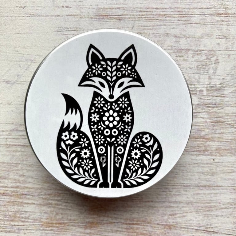 Storage tin folk art fox buttons, stitch markers, beads, knitting and sewing