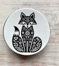 Storage tin folk art fox buttons, stitch markers, beads, knitting and sewing