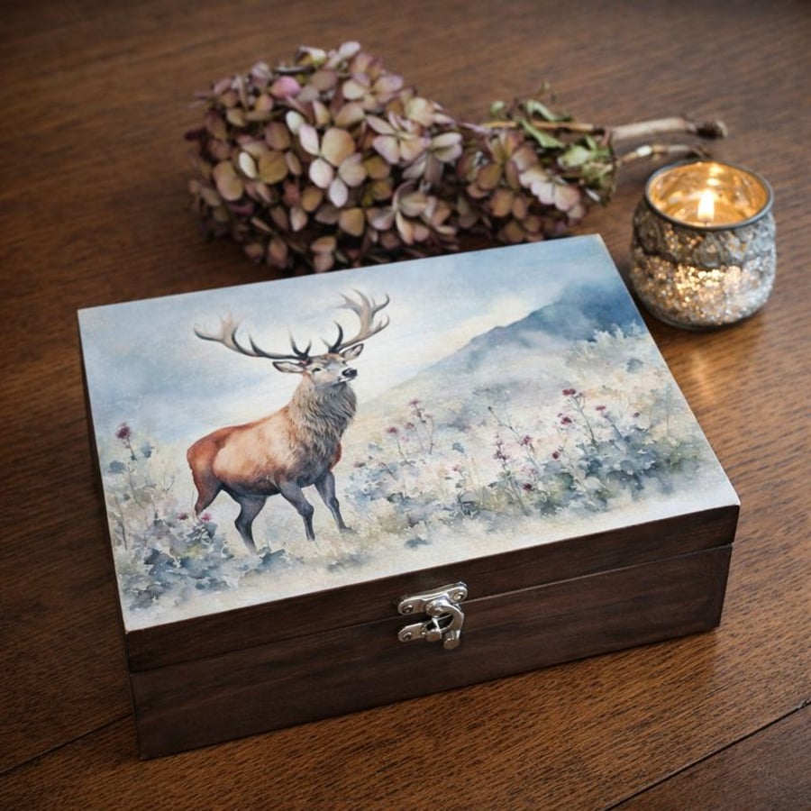 Wooden Keepsake Box Tea Chest Stag