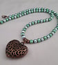 Shimmery blue and green bead necklace with copper heart pendant - 1001085 - Image 4