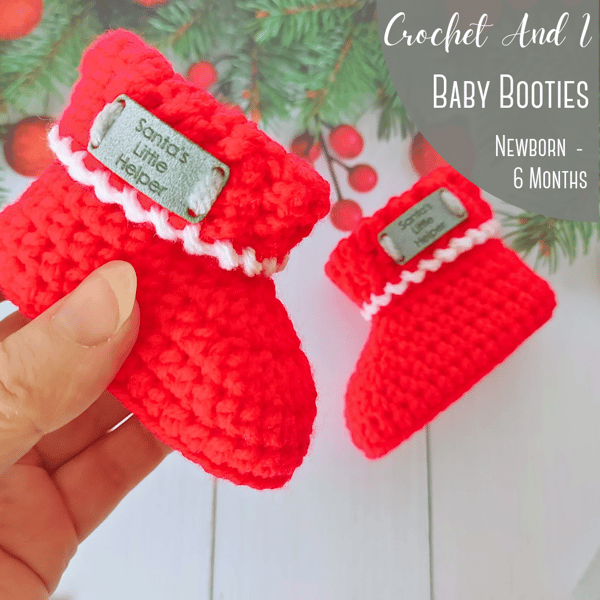 Crochet Christmas Baby Booties, Santas Little Helper, Newborn - 6 Months