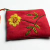 Rust red card purse with yellow dog rose embroidery