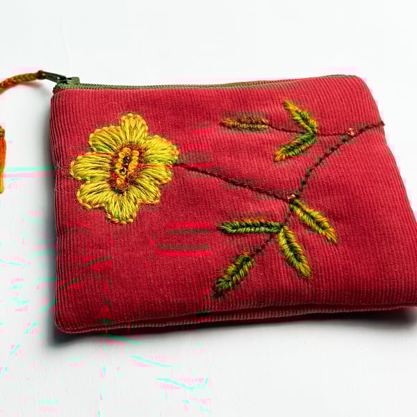 Rust red card purse with yellow dog rose embroidery