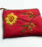 Rust red card purse with yellow dog rose embroidery