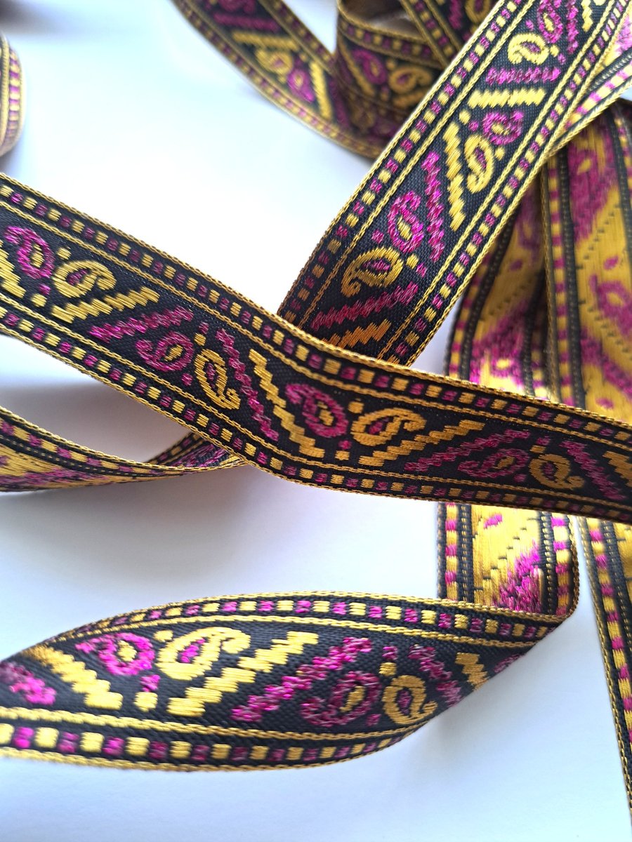 Embroidered Ribbon Braid Trim, Gold Pink & Black Paisley, 3 Metres, 21mm Wide