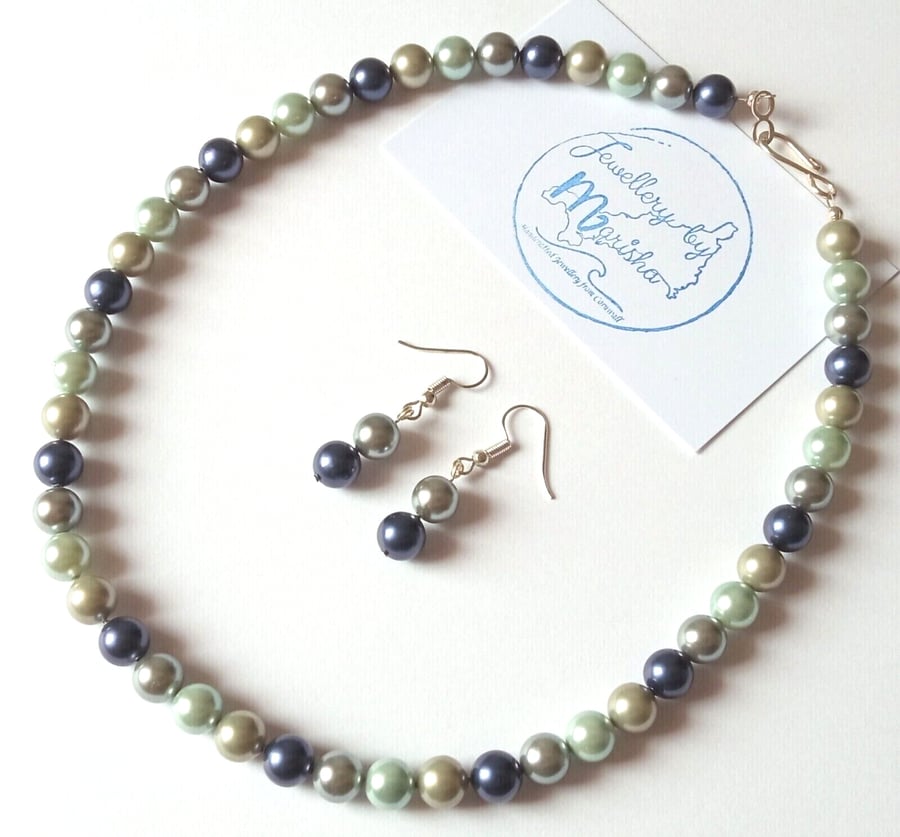 Sea Shell Pearl Necklace Earrings Blue Silver Gift Set Oyster Shell Manmade