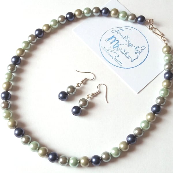 Sea Shell Pearl Necklace Earrings Blue Silver Gift Set Oyster Shell Manmade