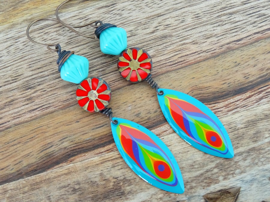 Enamelled Earrings, Boho Earrings, Turquoise Earrings, Red Earrings, 