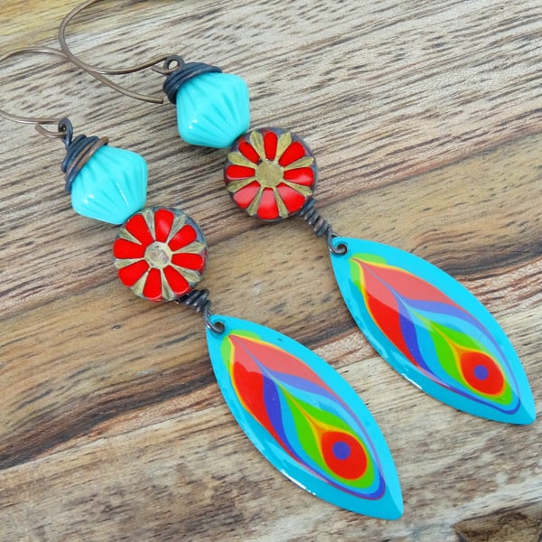 Enamelled Earrings, Boho Earrings, Turquoise Earrings, Red Earrings, 