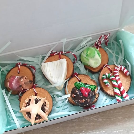 Set of 6 Novelty food themed Christmas tree decorations, made from airdry clay