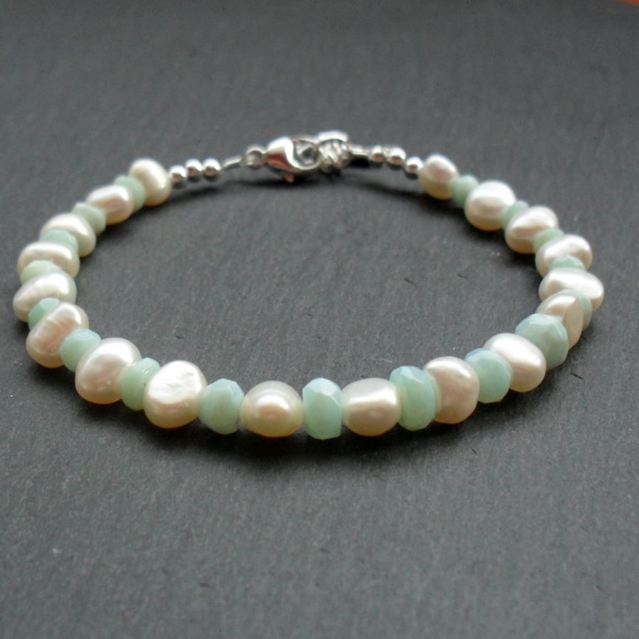 Freshwater Pearl and Blue Opal Sterling Silver Bracelet