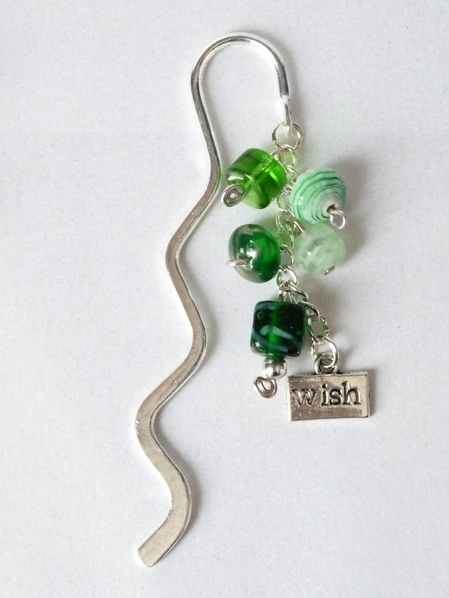 Green Indian Glass Bead Charm Bookmark - Handmade - 03