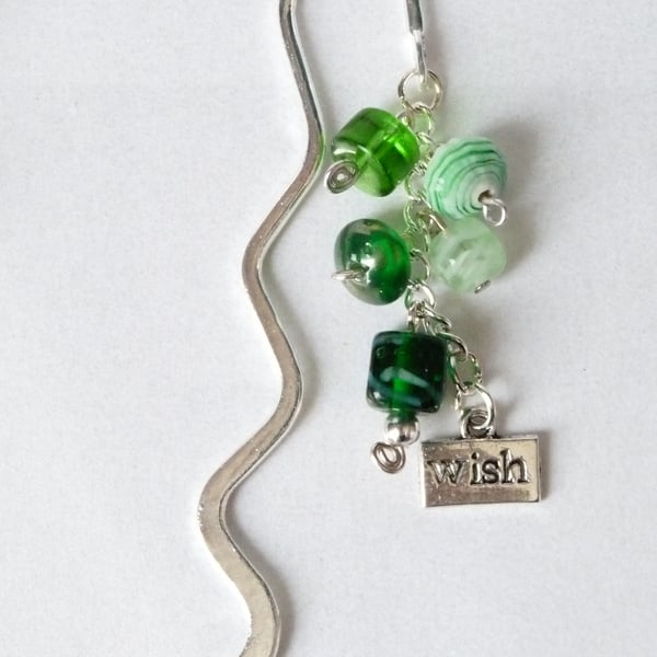 Green Indian Glass Bead Charm Bookmark - Handmade - 03