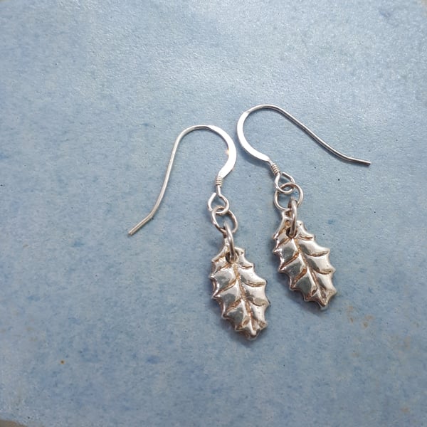 Recycled silver holly leaf drop earrings