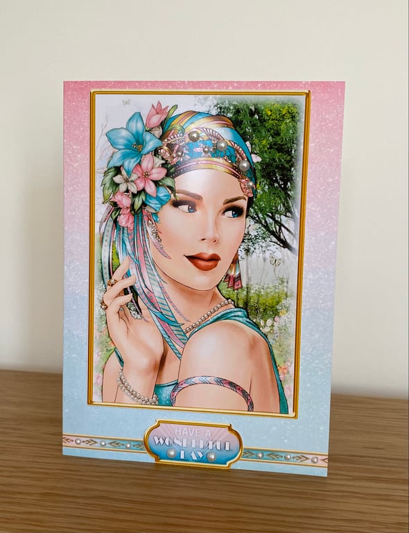 Handmade Lovely Art Deco Lady in shades of Pink & Aqua Birthday Card