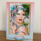 Handmade Lovely Art Deco Lady in shades of Pink & Aqua Birthday Card