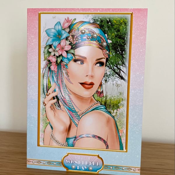 Handmade Lovely Art Deco Lady in shades of Pink & Aqua Birthday Card