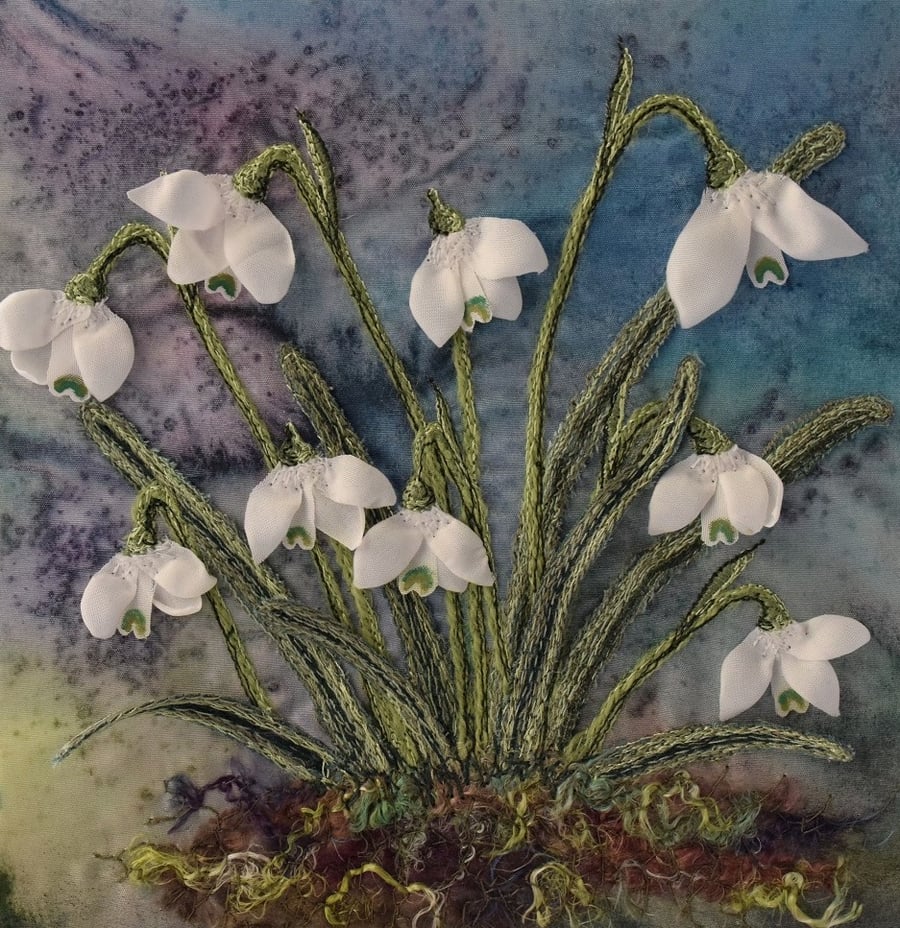 Snowdrops framed print, embroidered textile art