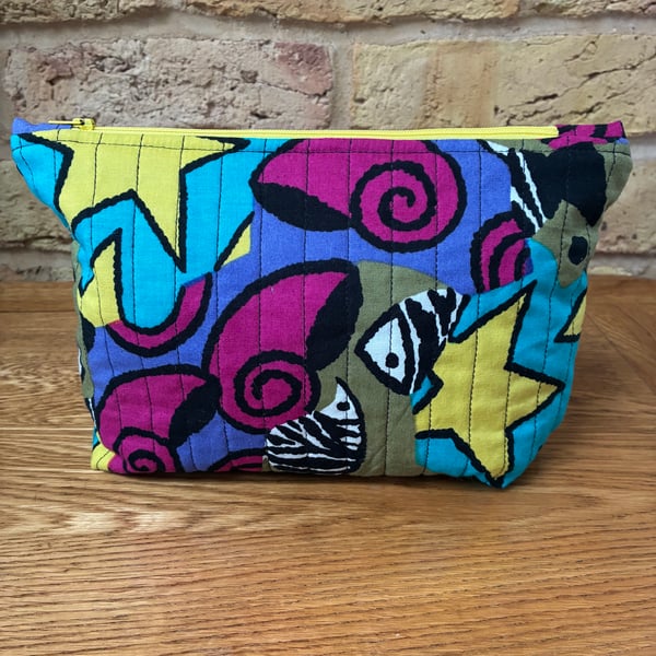 Fish Shells And Stars Print Quilted Fabric Makeup Bag 