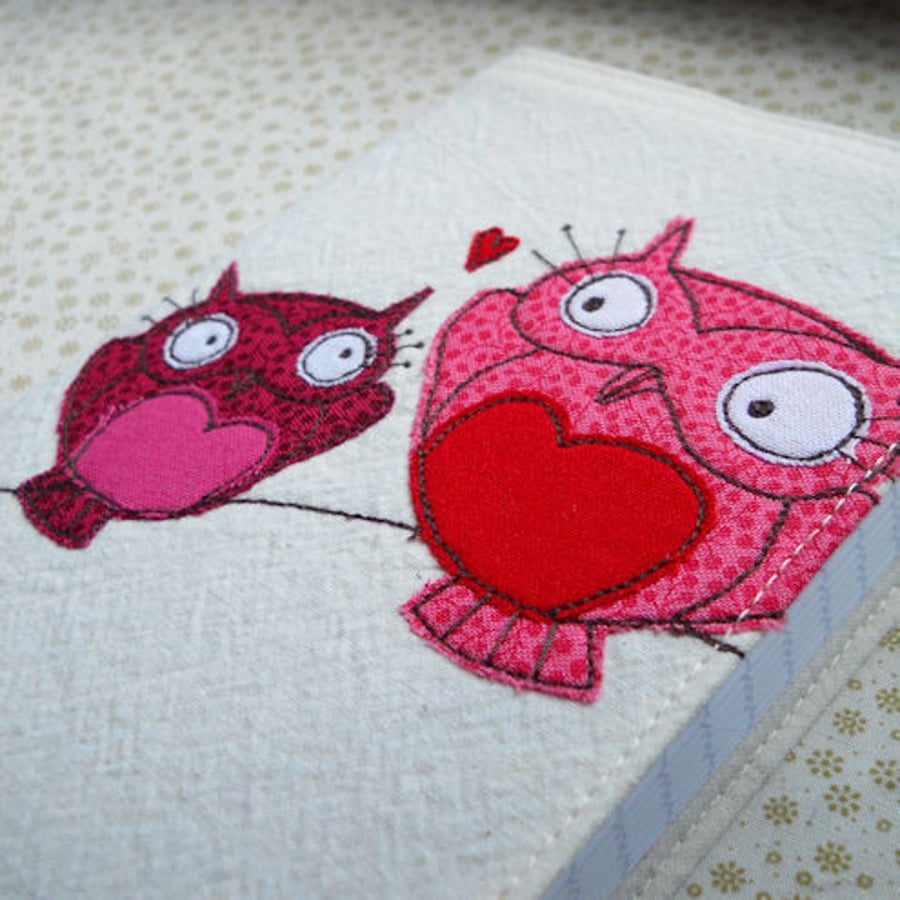 embroidered notebook - pink owls - A6 