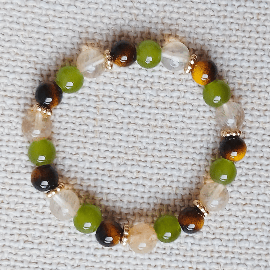 Ladies Brown Tiger's Eye, Citrine and Green Treasure Elastic Bead Bracelet