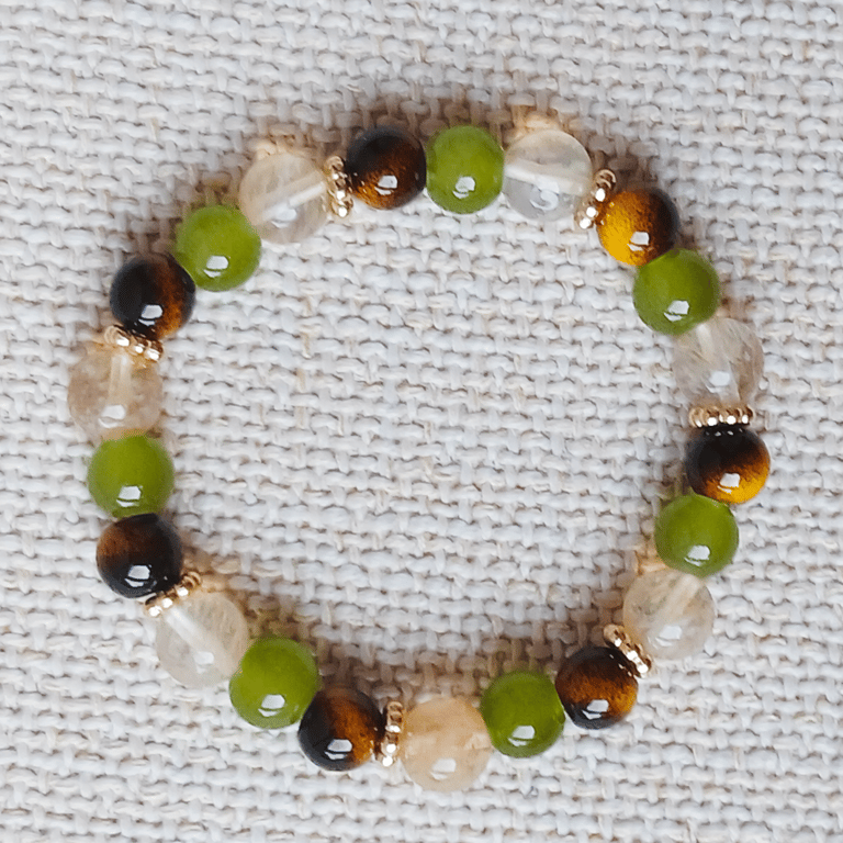 Ladies Brown Tiger's Eye, Citrine and Green Treasure Elastic Bead Bracelet