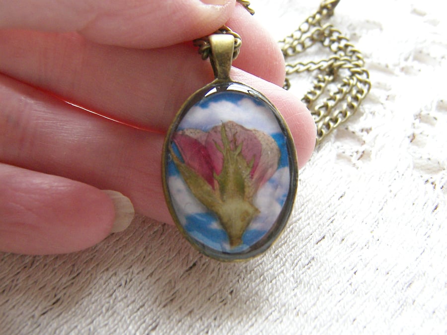 Real Miniature Red Rose Botanical Cameo Pendant