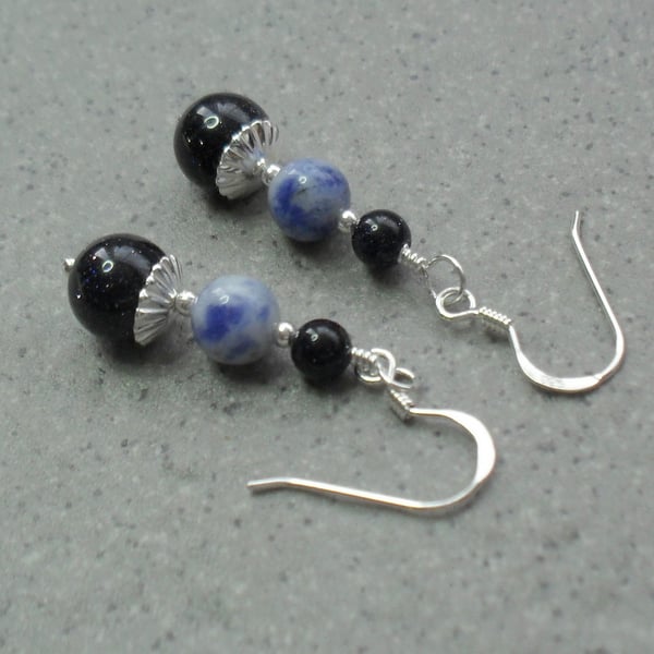 Sterling Silver Blue Jasper and Blue Goldstone Drop Earrings