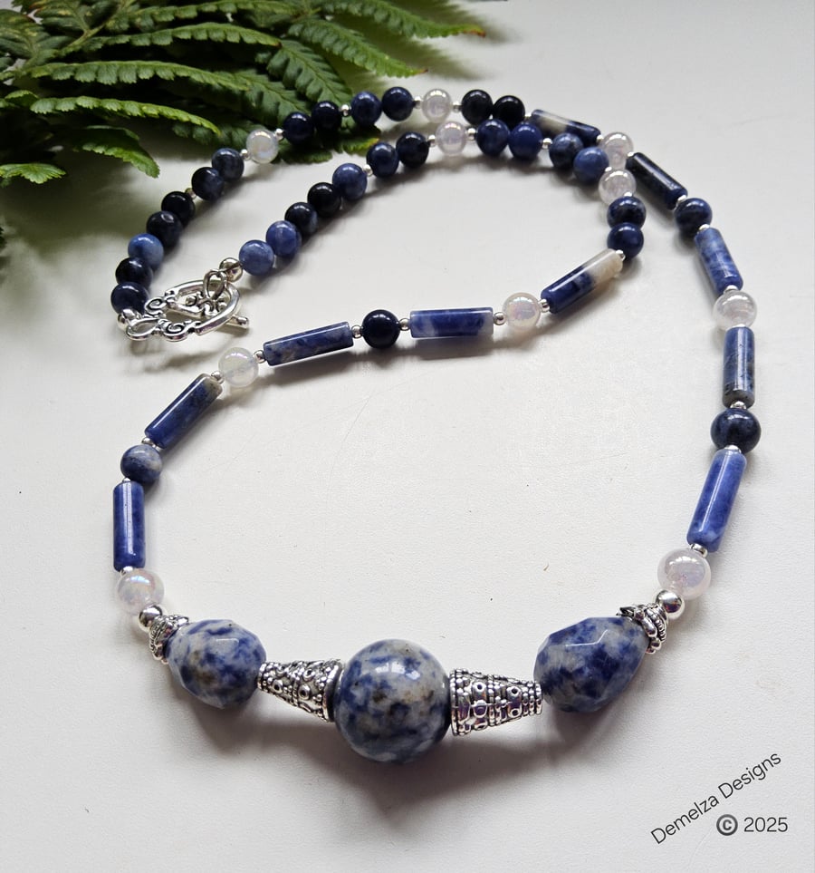 Designer Sodalite, Spotted Blue Jasper & Quartz Necklace 