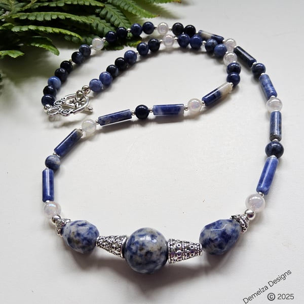 Designer Sodalite, Spotted Blue Jasper & Quartz Necklace 