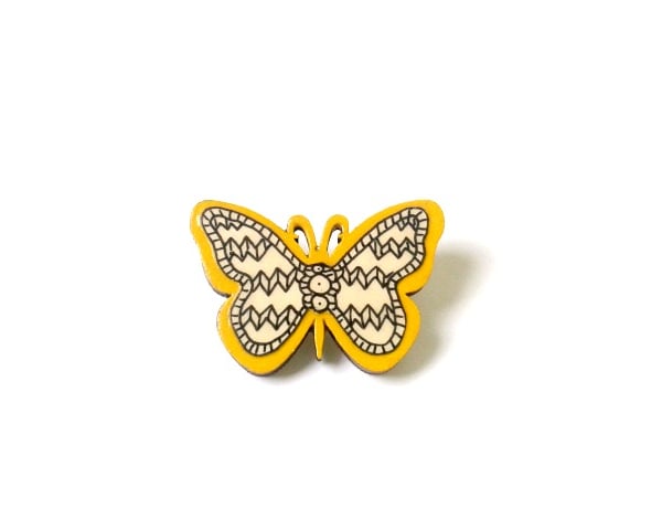 Mustard Yellow Illustrated Wooden Butterfly Brooch
