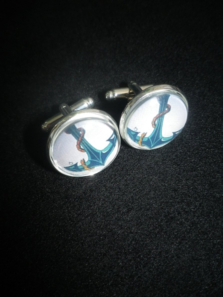 Blue Anchor cufflinks,  matching tie clip available, free UK Shipping......