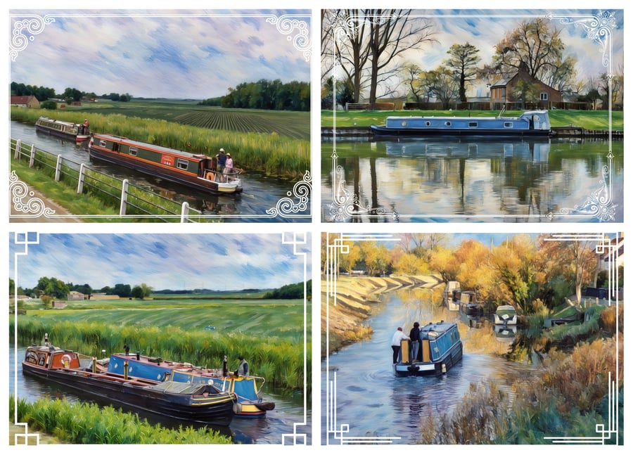 Pack of 4 Mixed Narrow Boat Cards A5 On The Fens Norfolk 