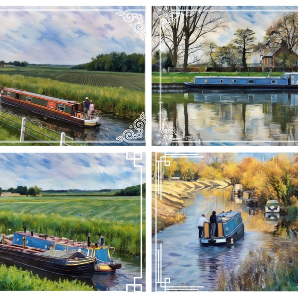Pack of 4 Mixed Narrow Boat Cards A5 On The Fens Norfolk 