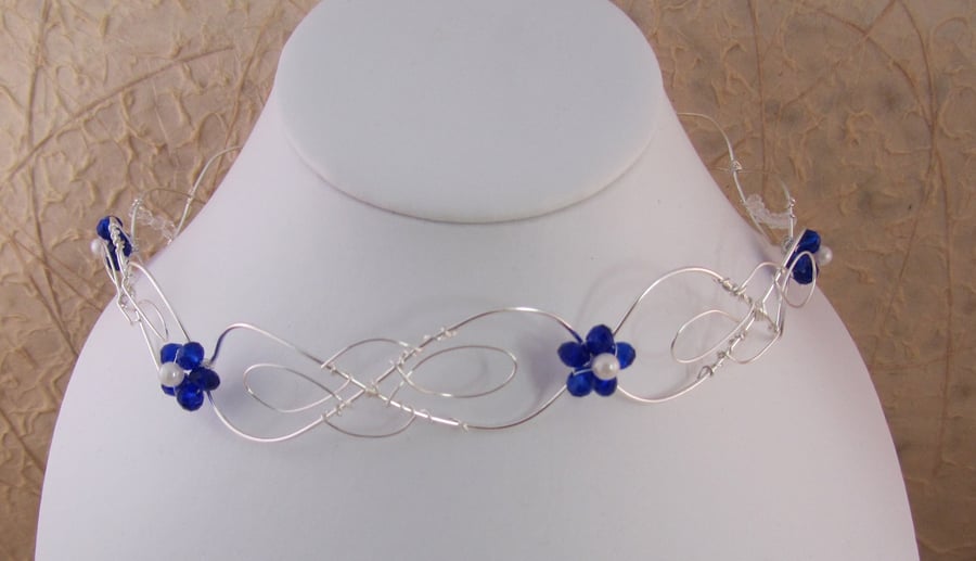 Silver Plated Wire Tiara or Headband with blue flowers