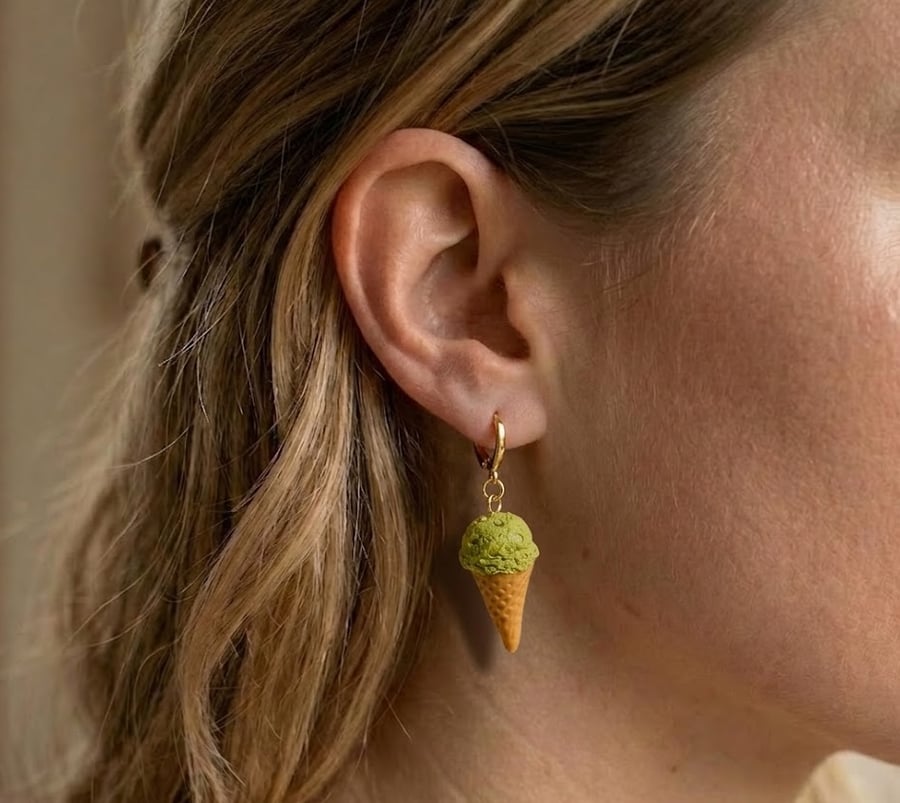 Pistachio Ice Cream Cone Earrings - Handmade Summer Jewellery