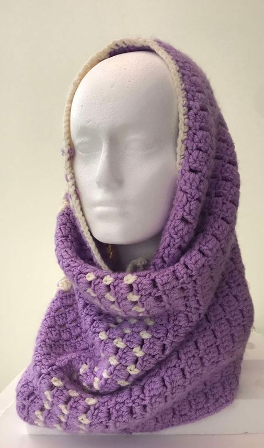 Lavander - white .Neck warmer. Hooded scarf