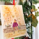 Hand-Painted Autumn Greeting Card – Girl & Dog in Autumn Woodland 