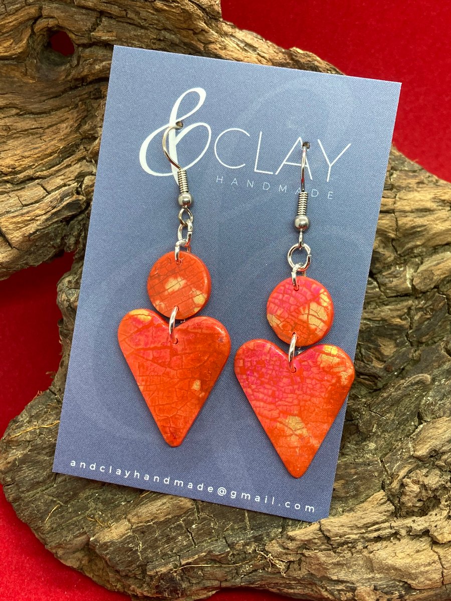 Red and Gold Heart Shaped Polymer Clay Earrings