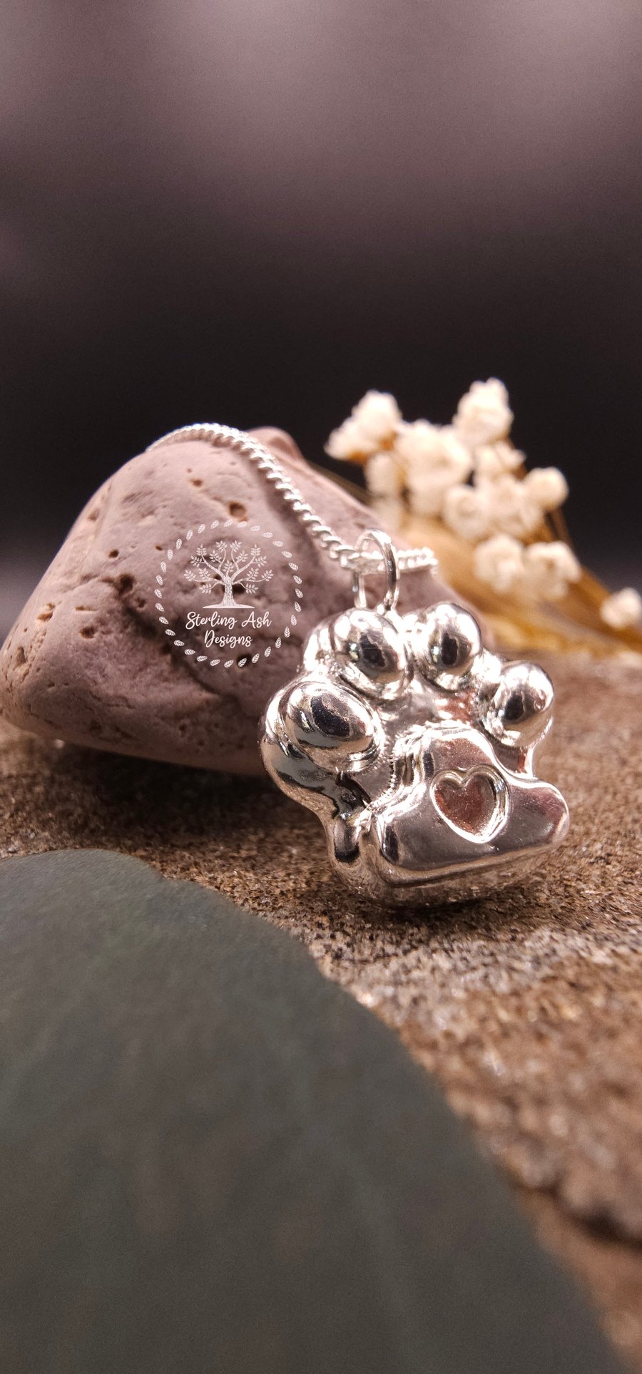 Ashes into fine silver solid dog,cat paw print pendant and sterling silver 18inc